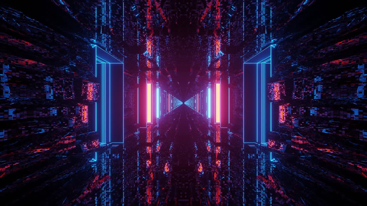 Motion art showing bright neon glowing colors illumination the path