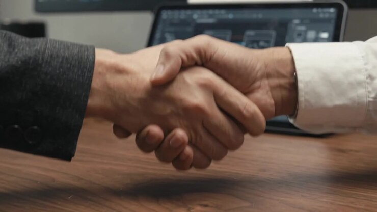 Due professionisti del settore business che si stringono la mano sopra una scrivania