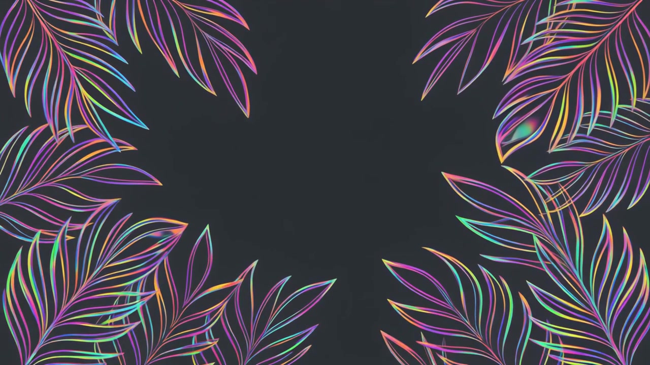 Animated Iridescent Tropical Leaves Frame on Dark Background