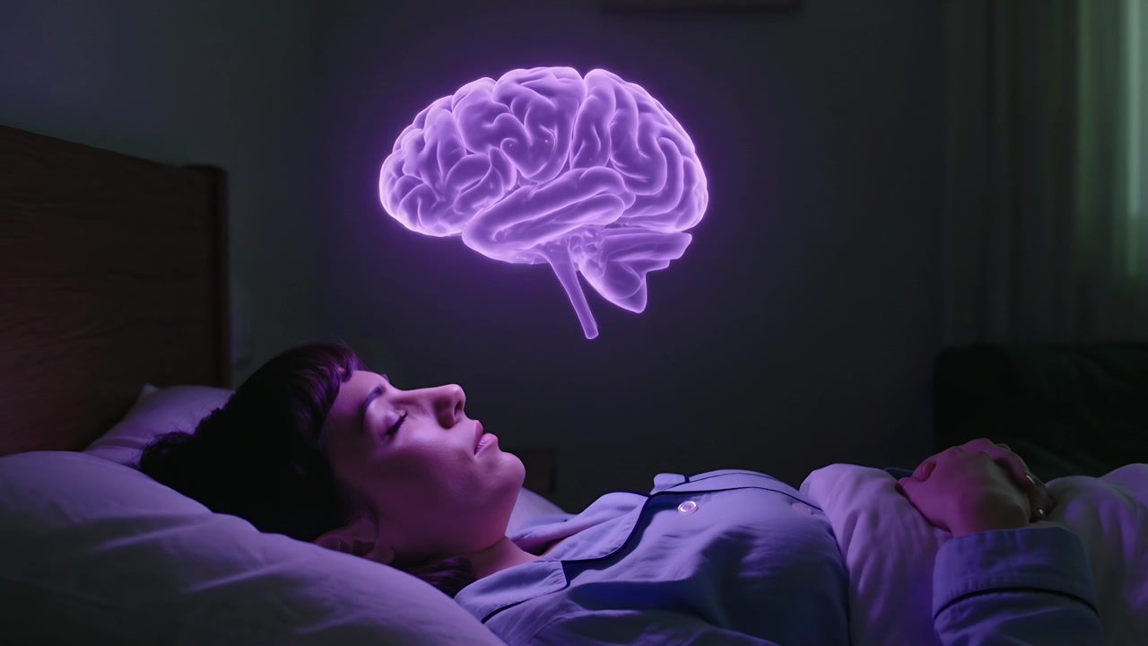 ボタンアップのパジャマトップを着た女性がベッドで眠りながら呼吸しており、その上に脳が現れる