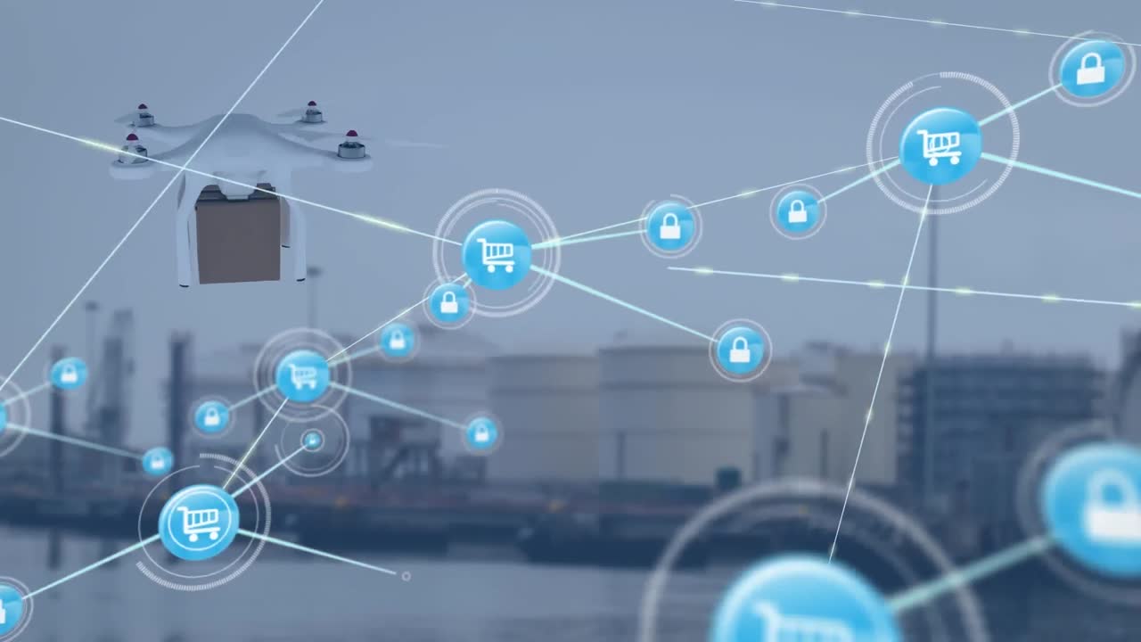 animación de redes de conexiones y drones digitales sobre el astillero