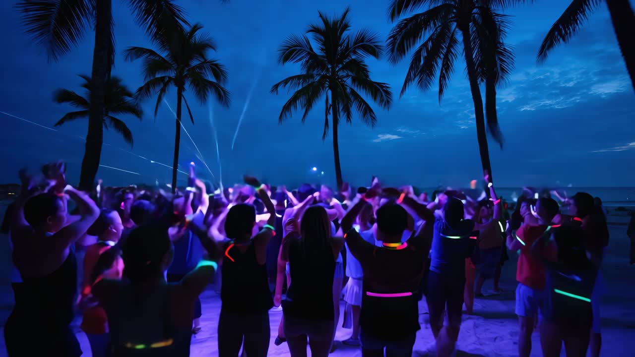 Nighttime tropical beach scene featuring tourists dancing with glowing sticks, surrounded by palm trees and vibrant laser beams creating energetic party atmosphere