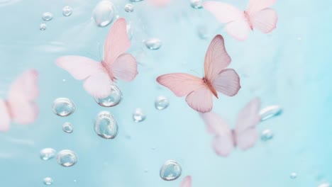 Aerial view of pink butterflies and sparkling gems floating against a soft blue background