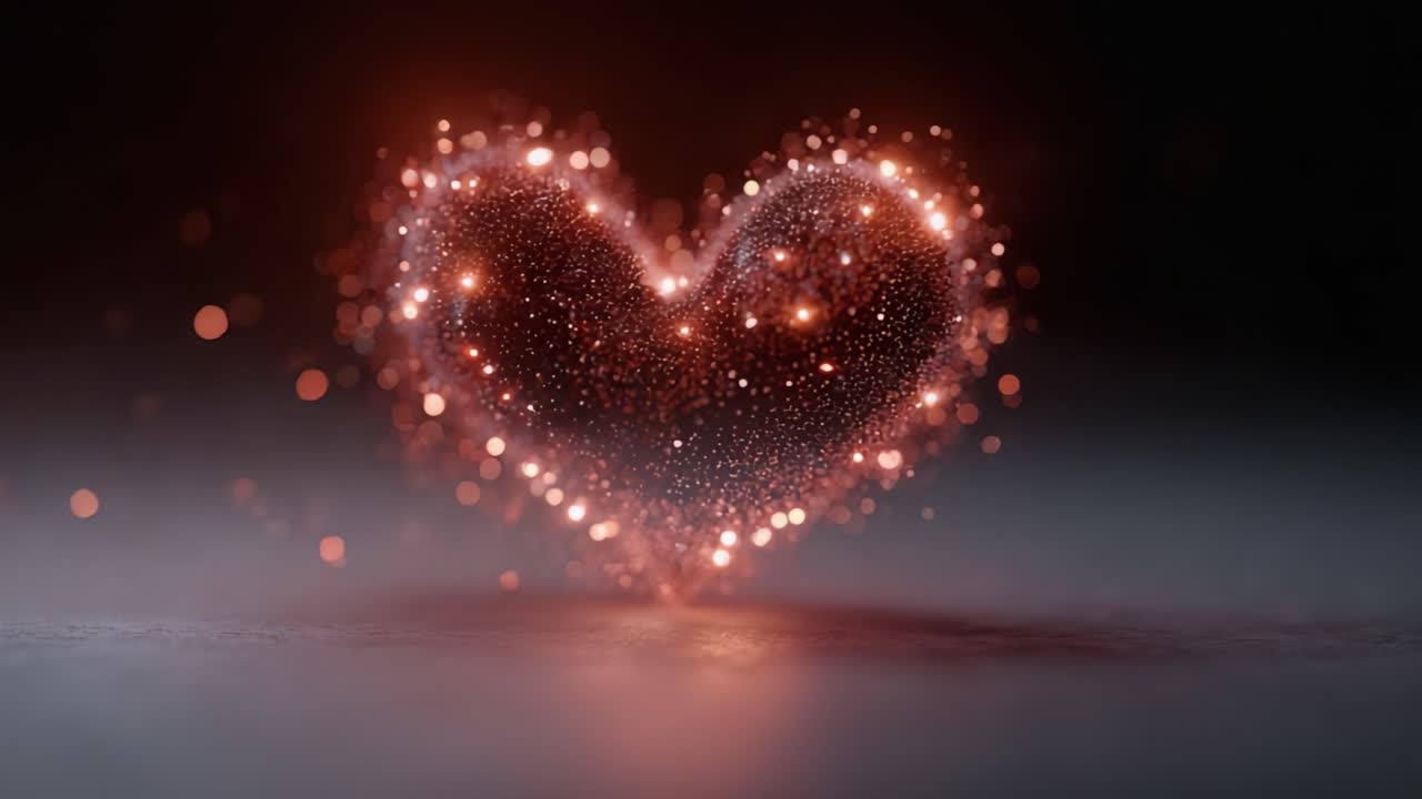 Splendida forma di cuore scintillante con particelle luccicanti su sfondo scuro, che evoca emozioni di amore e passione in una magica visualizzazione di immagini.