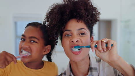 mother, daughter and brushing teeth for dental