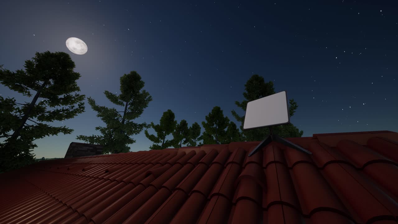 시골 집의 울타리에 위성 인터넷 수신기 접시의 3d 애니메이션.