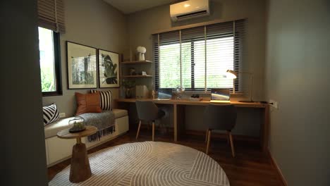 stylish and decorative home working space with wooden floor