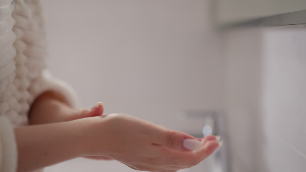 손 피부에 노화 방지 효과를 가진 영양 크림을 는 여성은 피부의 질을 향상시키기 위해 영양 제품으로 손을 습니다.