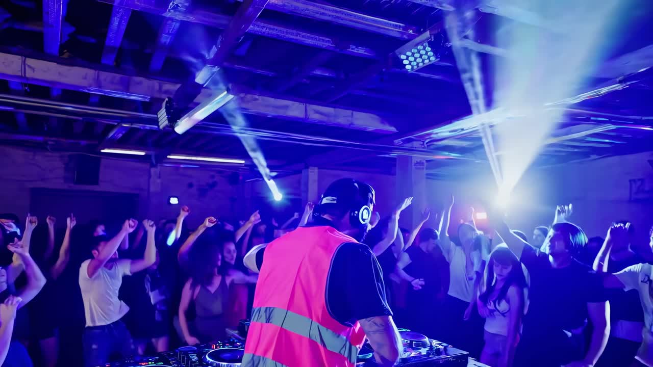 En livfull partyscene med en DJ i en reflexväst, fångad bakifrån