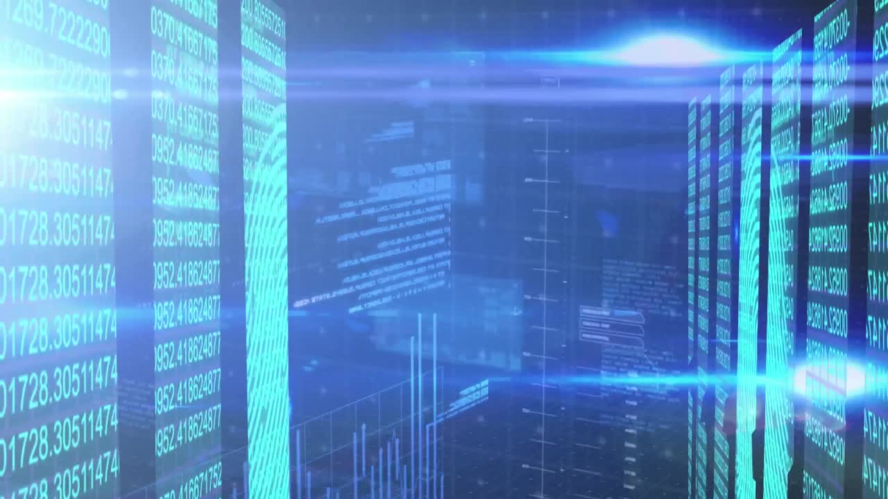 Animation of data processing and lights over blue background