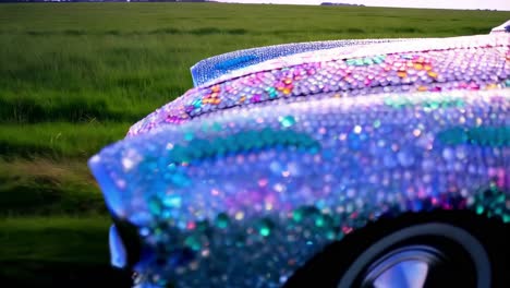 sparkling rhinestone-covered classic car in a field