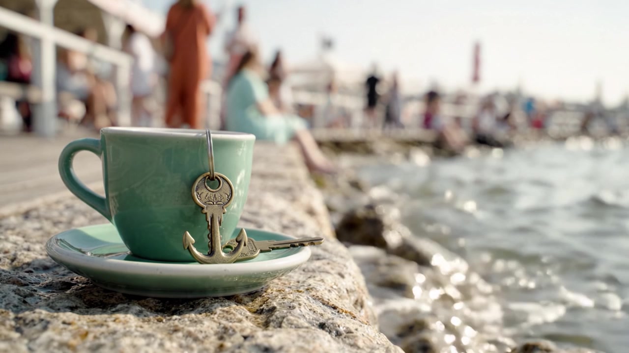Serena scena costiera con una tazza da tè e un ciondolo a forma di ancora che si affacciano su un mare tranquillo in una giornata luminosa e soleggiata, invitando al relax e alla riflessione in riva al mare