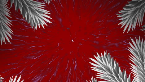 ramas blancas de árbol de navidad y senderos de luz púrpura estallando contra un fondo rojo