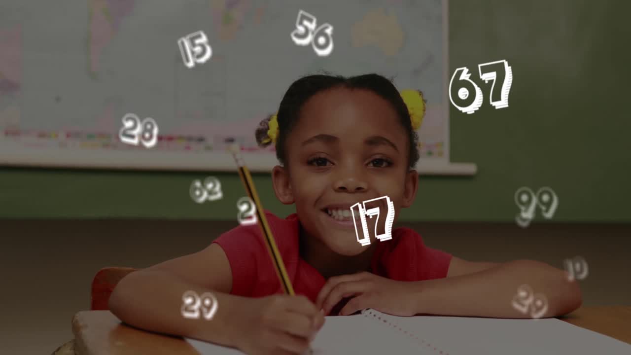 números múltiples flotando contra el retrato de una niña estudiando en la escuela