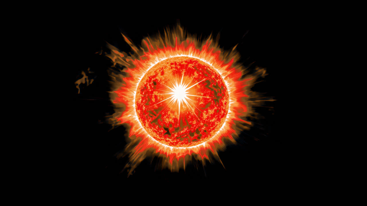 Radiant fiery sunburst illustration animated overlay, transparent 4K video, alpha channel, ProRes