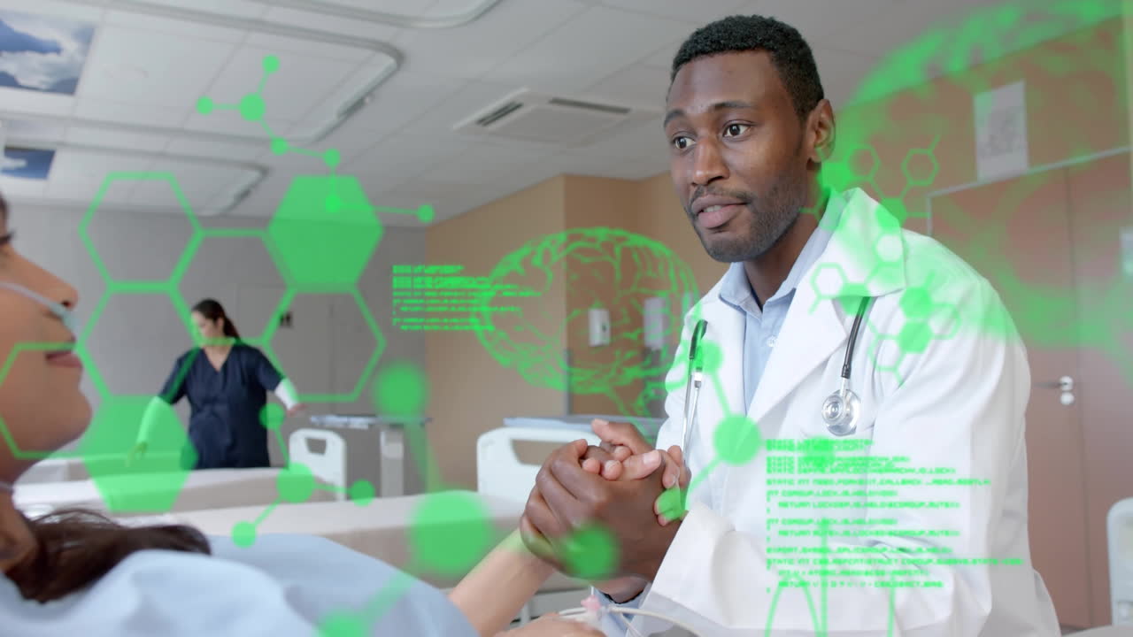 Animation of scientific data processing over african american male doctor with patient