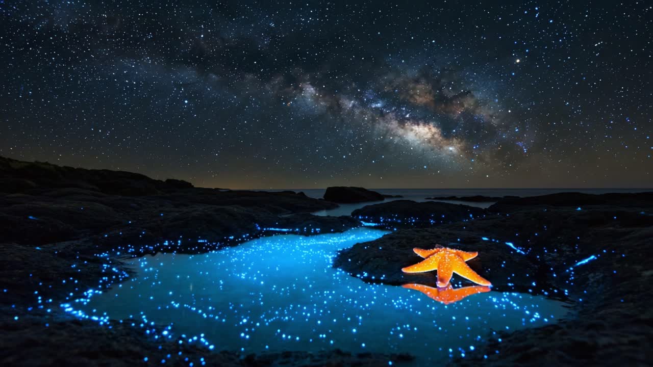 A Serene Nighttime Landscape Featuring a Starfish on Rocky Shore Under a Stunning Milky Way Sky, Illuminated by Bioluminescent Waters Reflecting the Universe