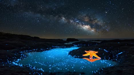 a serene nighttime landscape featuring a starfish on rocky shore under a stunning milky way sky, illuminated by bioluminescent waters reflecting the universe