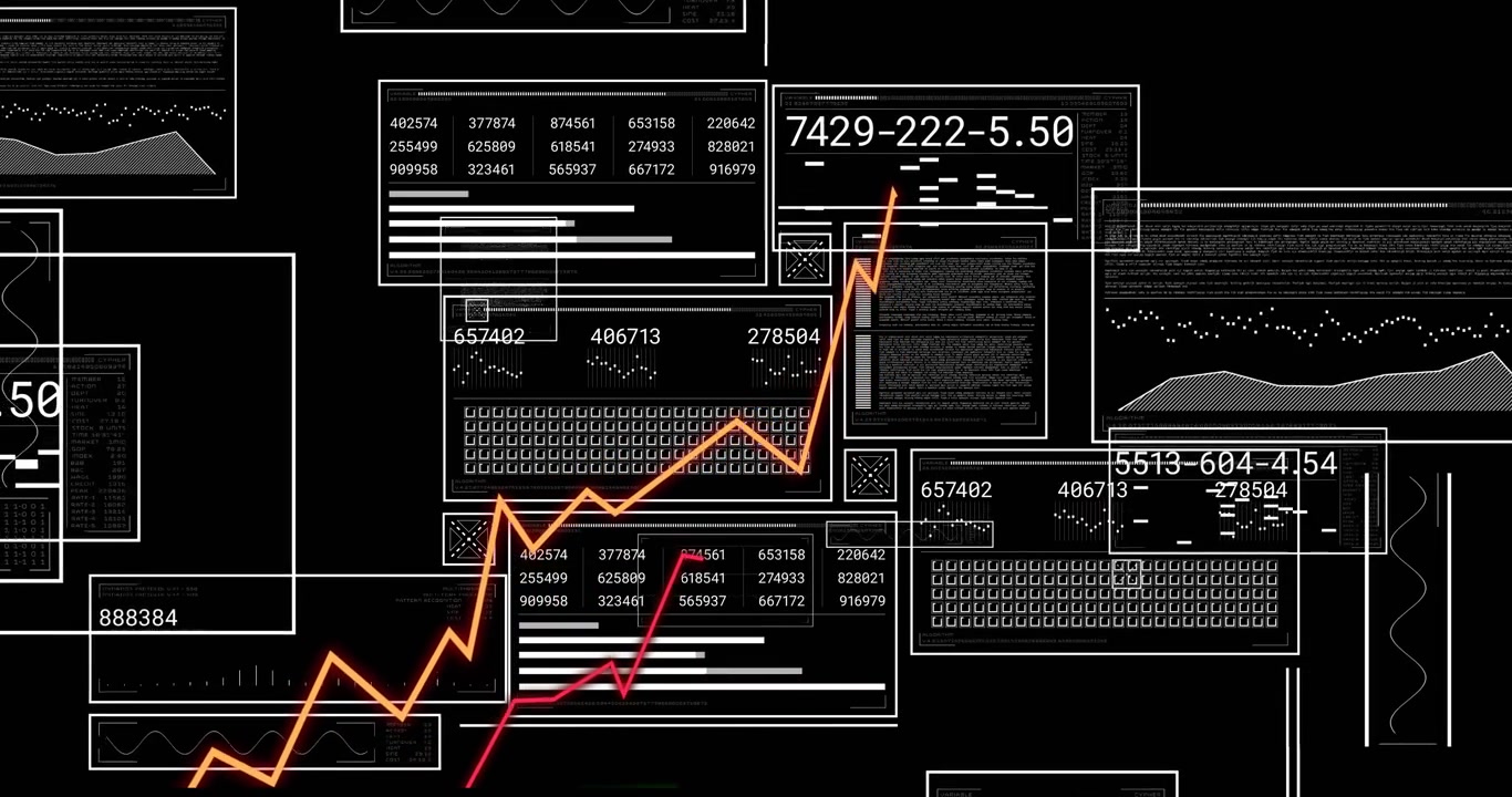 Jagged trend lines emerging left and weaving through panels, filling data and visualizing trends