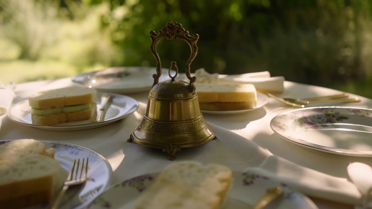 Ornate brass bell sits at center of elegant outdoor tea table, surrounded by floral china plates, finger sandwiches, and gold cutlery on white cloth, with soft green garden bokeh, warm sunlight, and