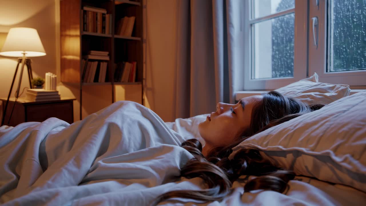 En video viser en kvinde, der ligger i sengen og kigger ud ad et regnvådt vindue.