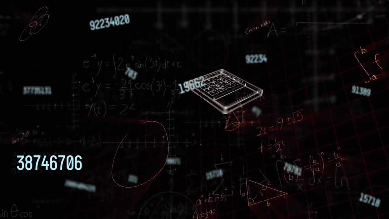 Animation of icons and data processing over mathematical equations on black background