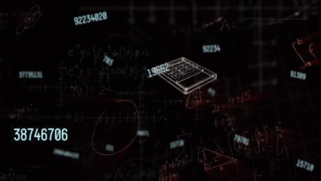 animation of icons and data processing over mathematical equations on black background