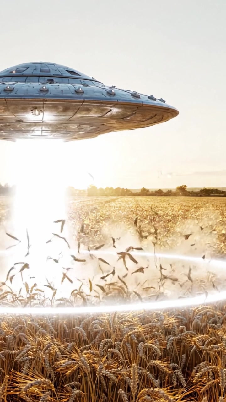 En mystisk UFO daler ned over et gyllent hveteåker ved solnedgang, og utstråler en kraftig lysstråle i en fengslende scene av et potensielt utenomjordisk møte