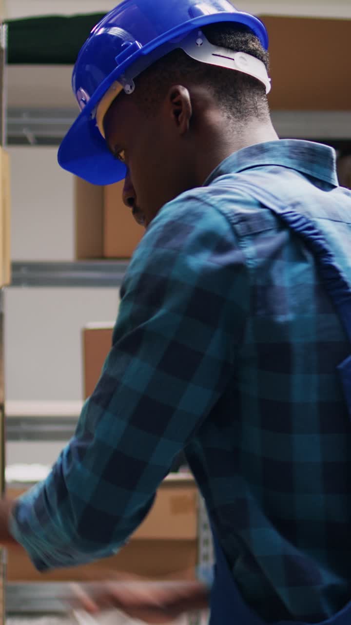 Vertical video: Team of diverse people scanning barcodes of products