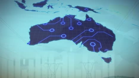 animation of statistics and data processing with map of australia and circuit board