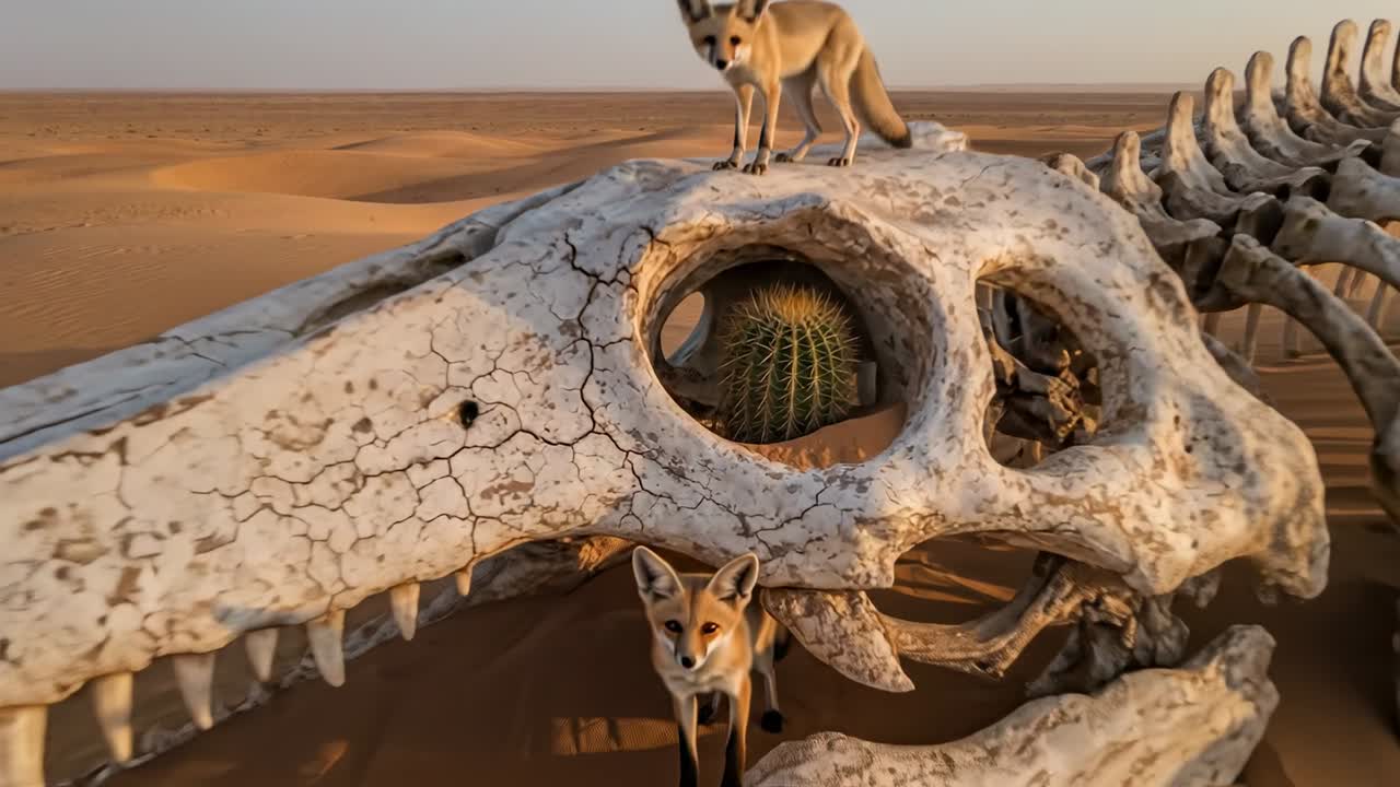 Fennec su uno scheletro gigante in un paesaggio desertico