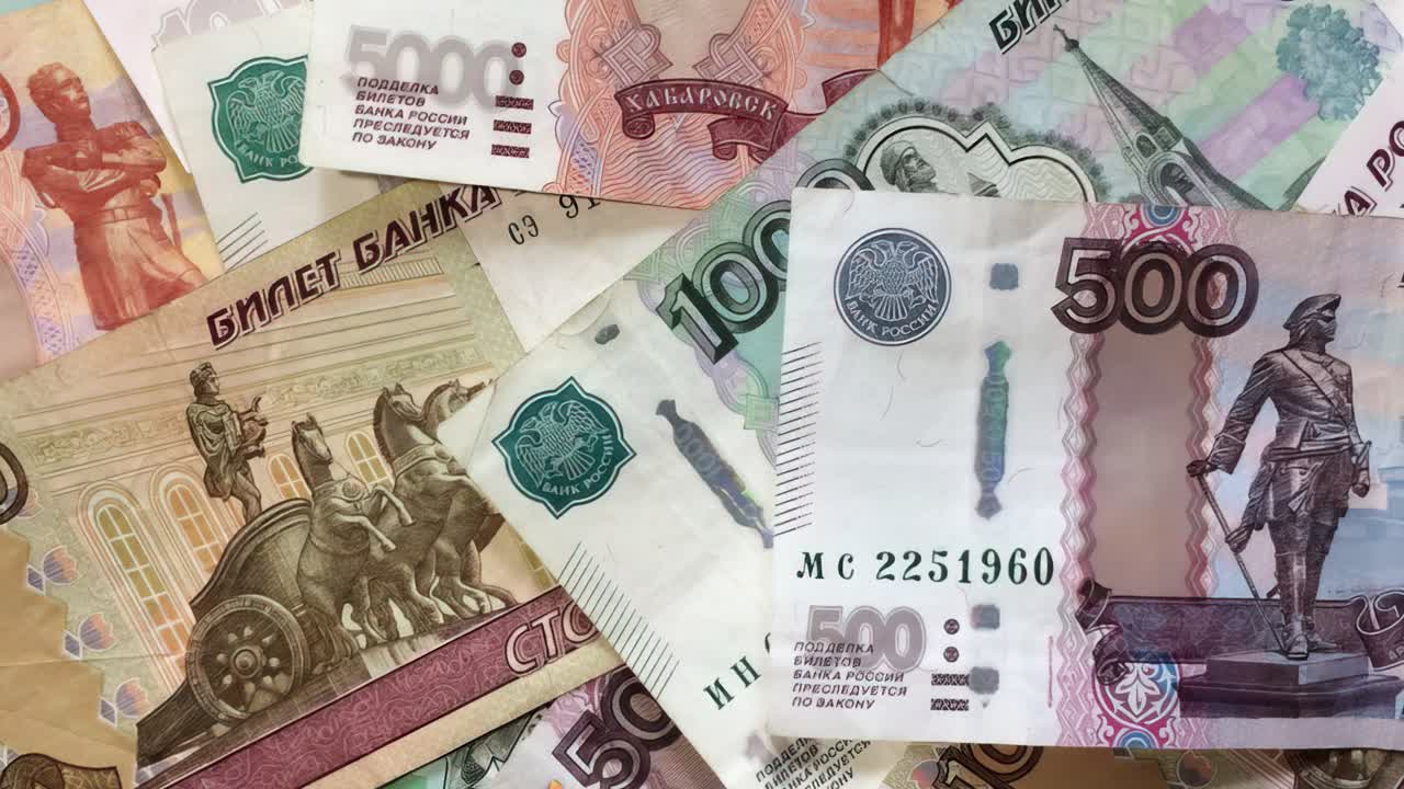 Russian Rubles on Table as Background