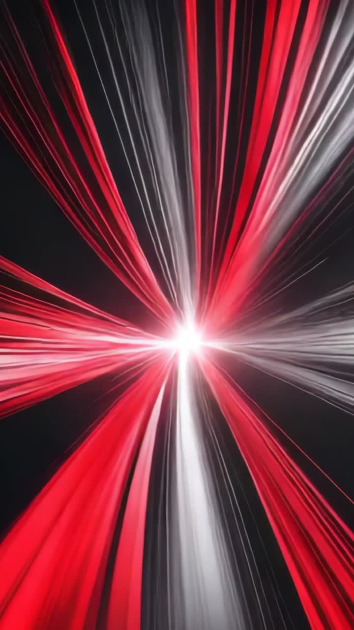 Vertical video: Flashing light fanning red and white rays outward in digital space, forming tunnel