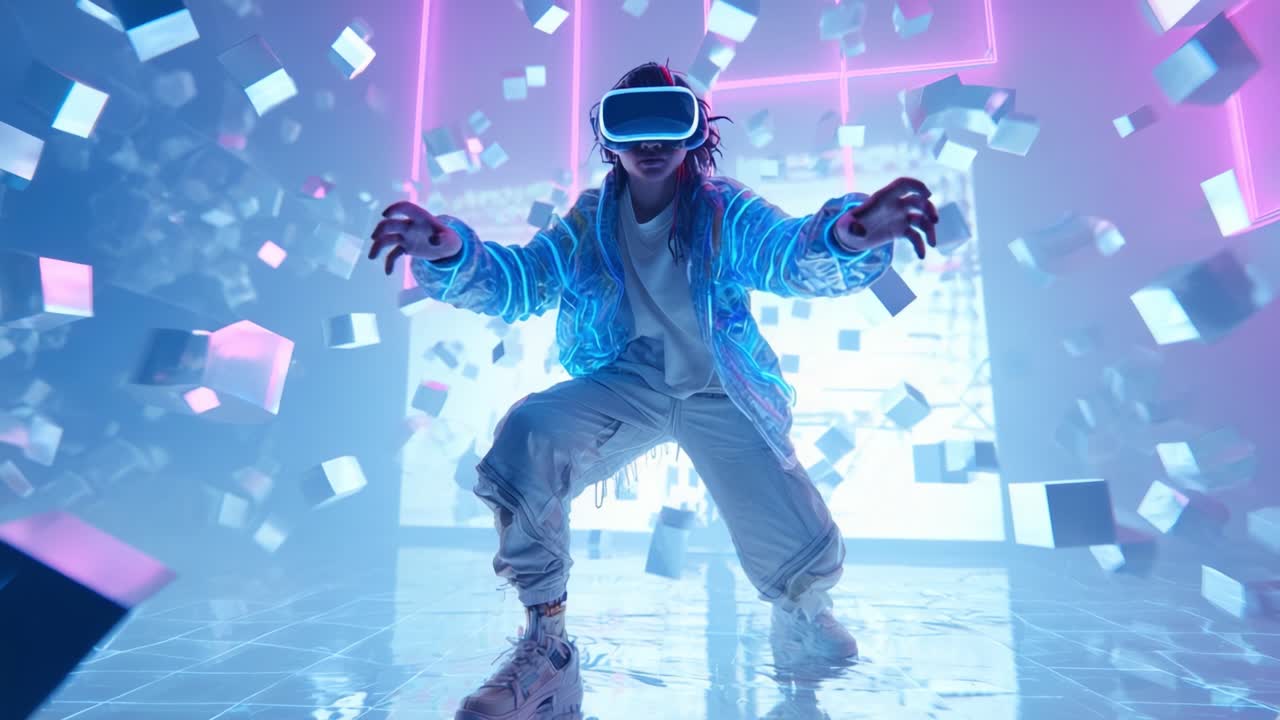A futuristic digital landscape where an individual immerses in a virtual reality world, surrounded by floating geometric shapes and neon lights, embodying the essence of modern technology and innovation