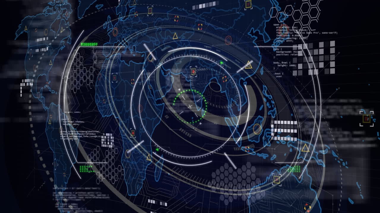 animación de escaneo de alcance sobre escáner redondo, mapa del mundo y procesamiento de datos