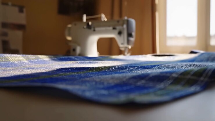 Low-angle scene showing textured blue woven fabric spread across tabletop beside idle sewing machine in warm workshop, with soft window light, blurred metal details, and cozy craft atmosphere