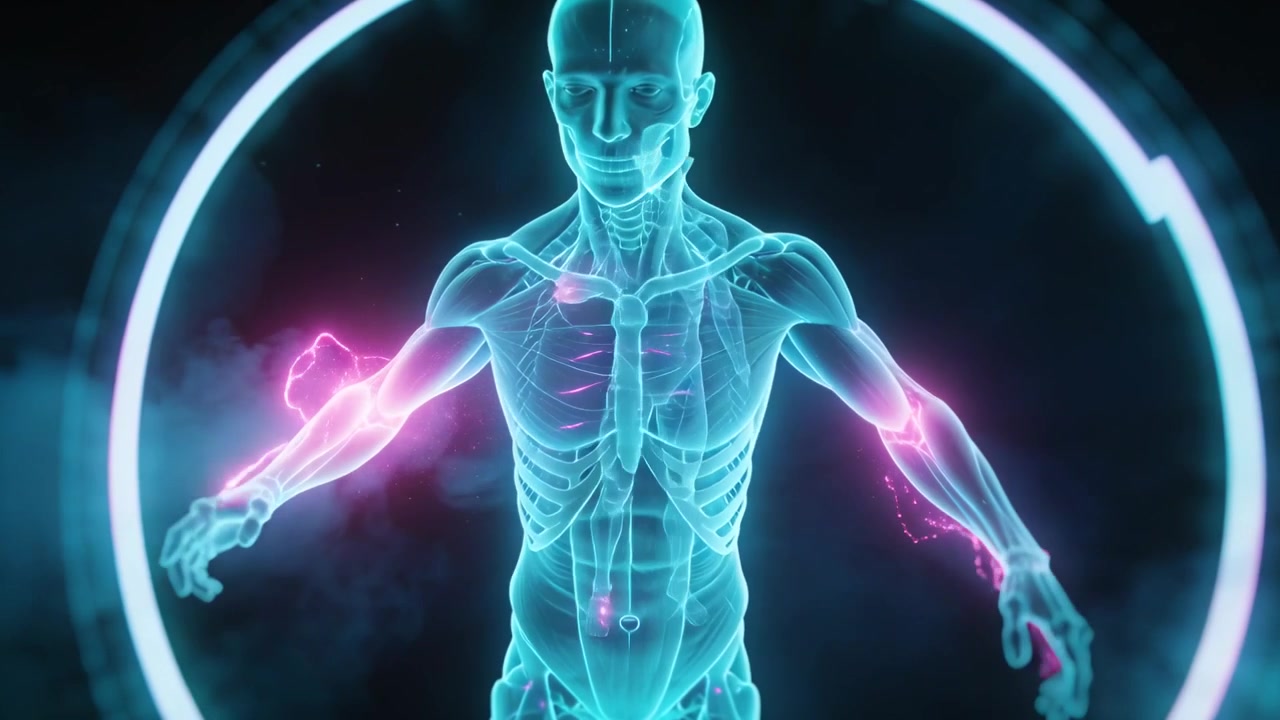 Magenta glow appearing at rear elbow front cyan hologram extending arms in ring energizing joints