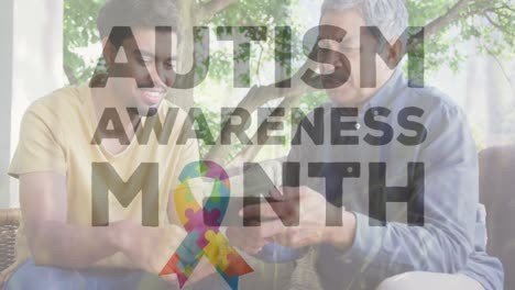 Animation-of-autism-awareness-month-text-over-biracial-father-and-adult-son