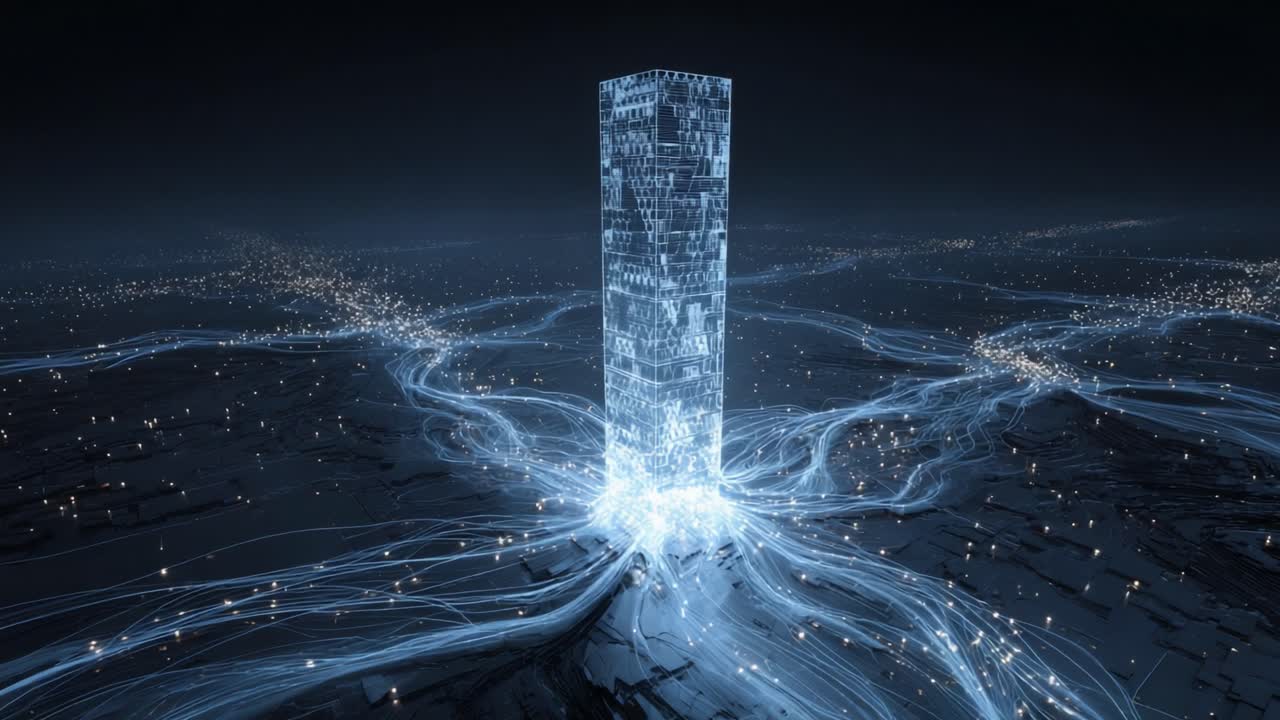 Futuristic data center server tower processing vast amounts of information through a network of glowing light streams, symbolizing big data, AI, and the constant flow of digital technology