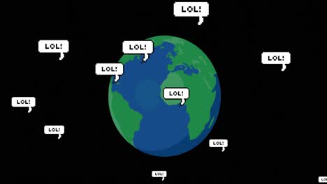 Animation-of-lol-floating-over-globe-on-black-background