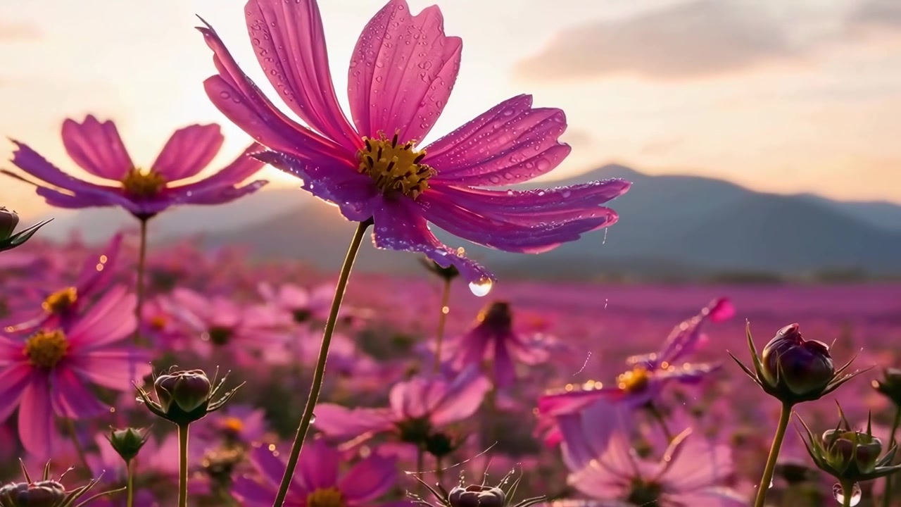Gota de agua cayendo de un pétalo de flor de cosmos rosa al amanecer