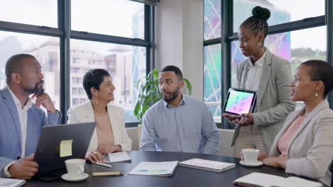 tablet, presentation and business people meeting