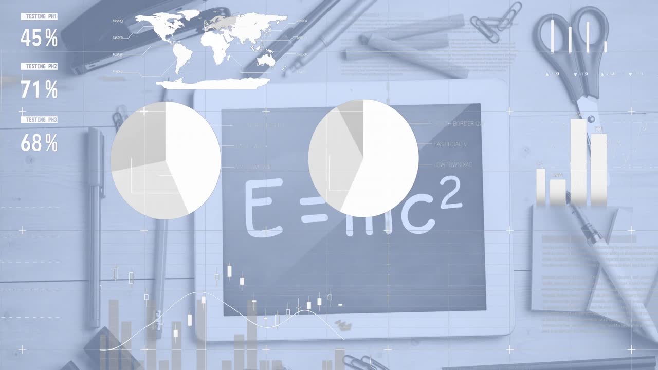 анимация цифрового инфографического интерфейса на планшете с уравнением и канцелярскими принадлежностями на столе