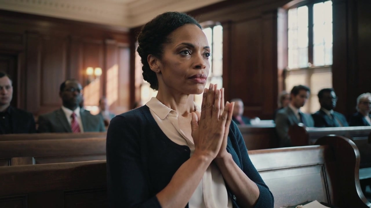 Clapping lowering, woman in cardigan responding to off-camera testimony in courtroom