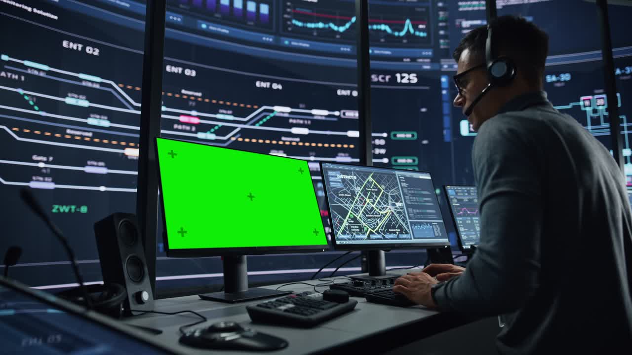 Professional IT Technical Support Specialist and Software Developer Working on Computer with Green Screen Mock Up Display in Monitoring Control Room with Digital Screens. Employee Wears Headphones.