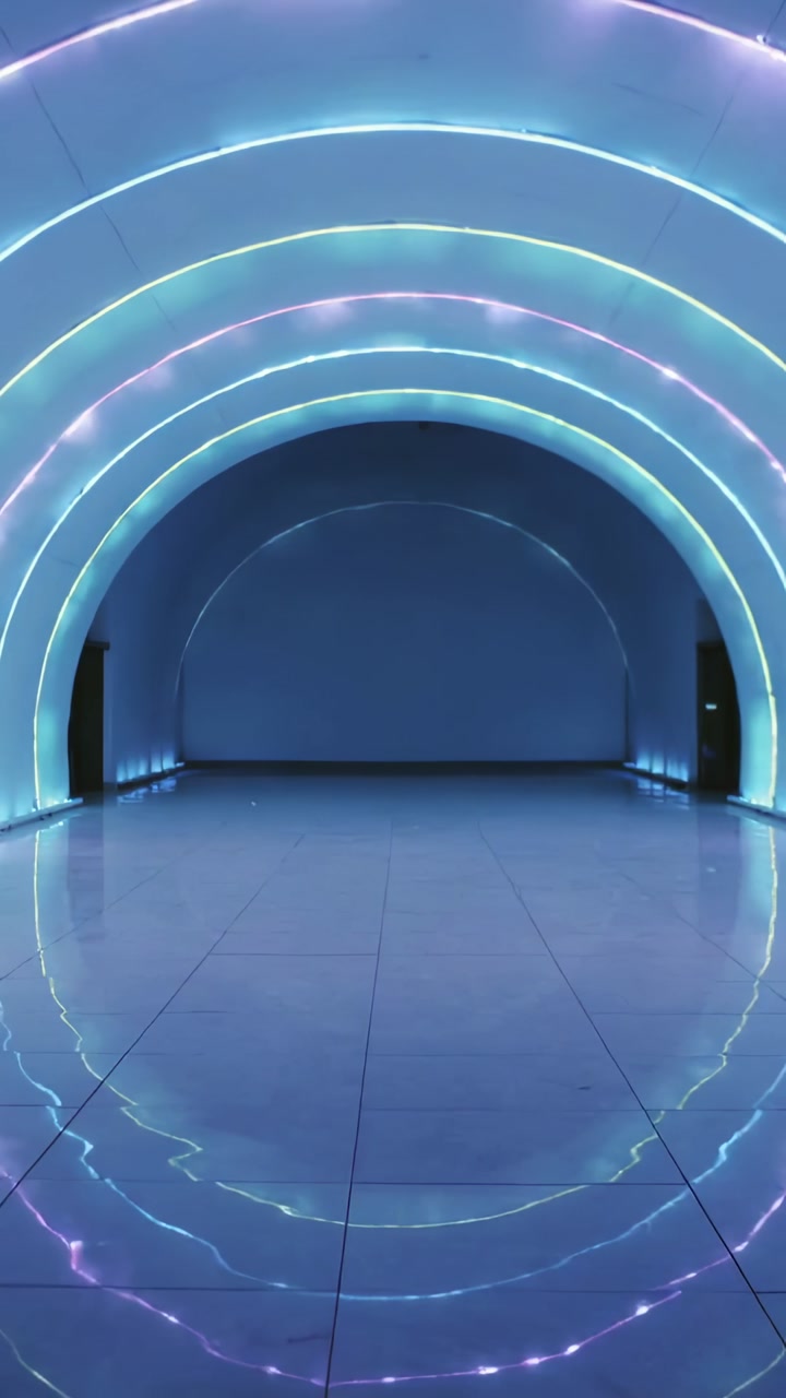 Vertical video: Pulsing timed arched LED rings shifting hue in hall, reflecting on tiled floor