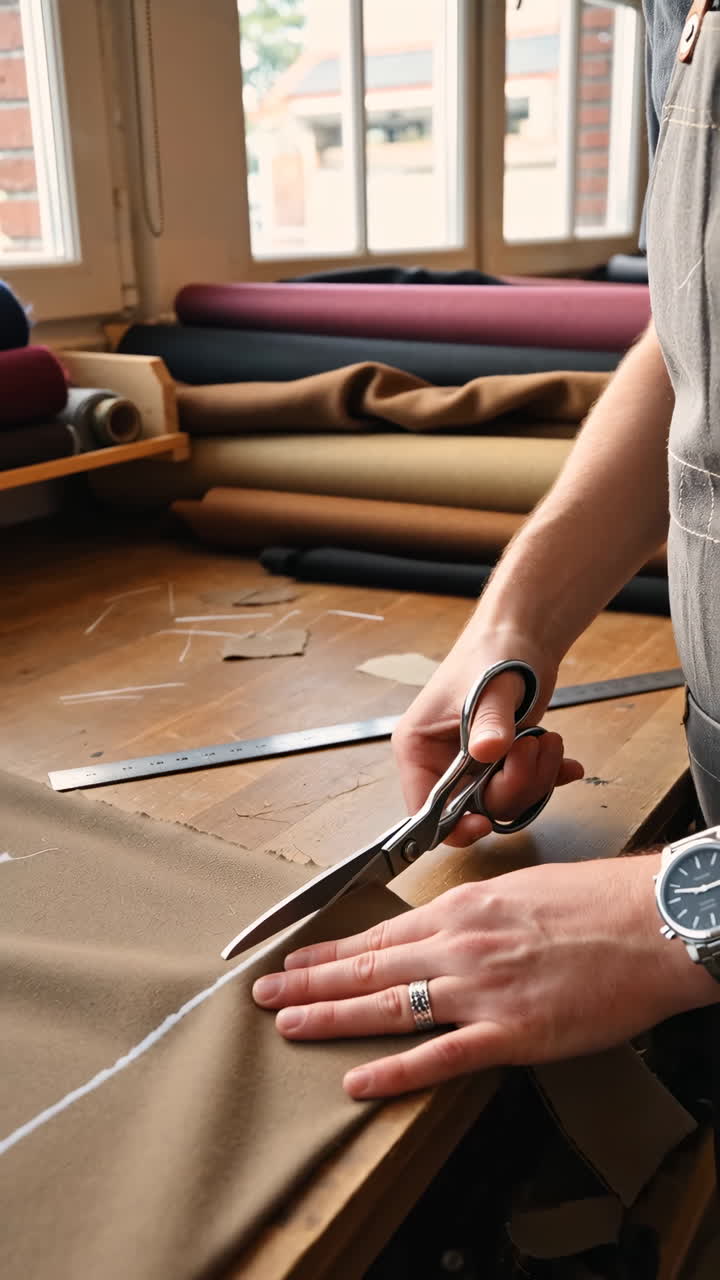 Tailor Cutting Fabric with Scissors in a Workshop