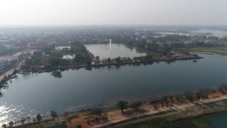 aerial footage of sakonnakorn city view and beautiful nong han lake