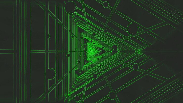 Dynamic geometric patterns create a mesmerizing experience as vibrant green shapes pulse and flow through a virtual tunnel. The digital environment exudes energy and depth