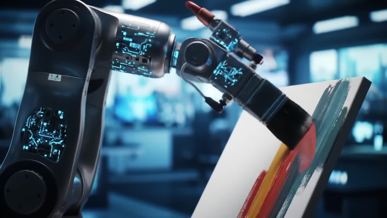 An Advanced Robotic Arm Creates Stunning Art with Precision Brushstrokes, Showcasing the Fusion of Technology and Creativity in a Digital Studio Environment
